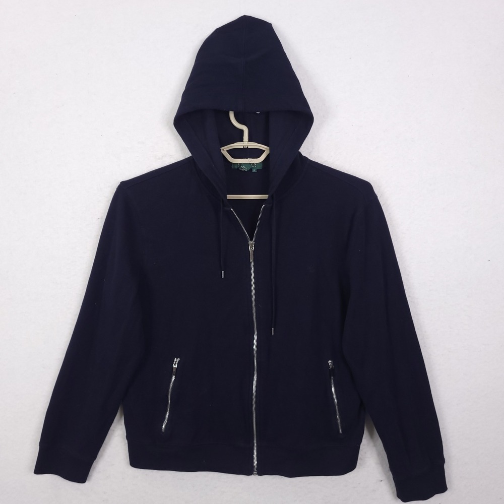 Lauren Ralph Lauren Full Zip Hoodie Women XL Navy Blue Ribbed Cotton Monogram